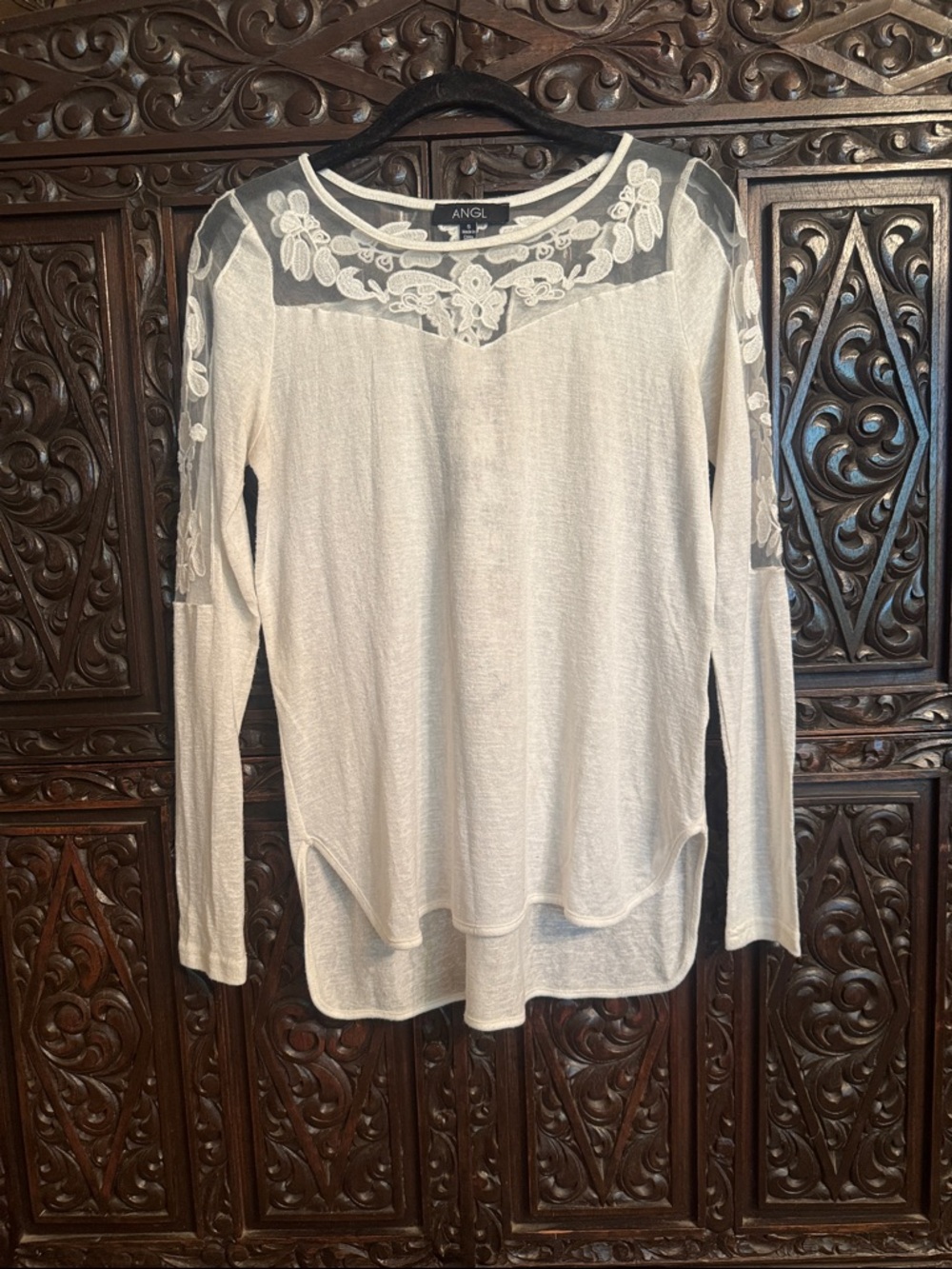 ANGL Cream Sheer Yoke Floral Embroidered Long-Sleeve Top